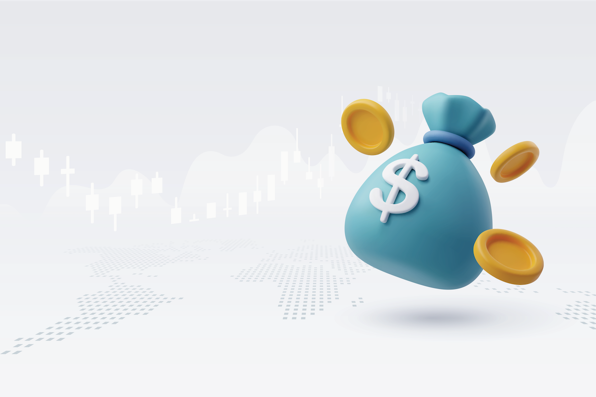 A blue money bag with a dollar sign on it is surrounded by gold coins.