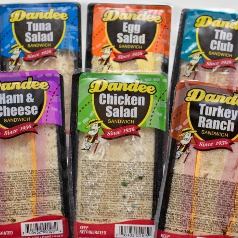 A variety of dandee sandwiches are lined up
