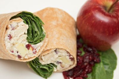 A close up of a chicken salad wrap 