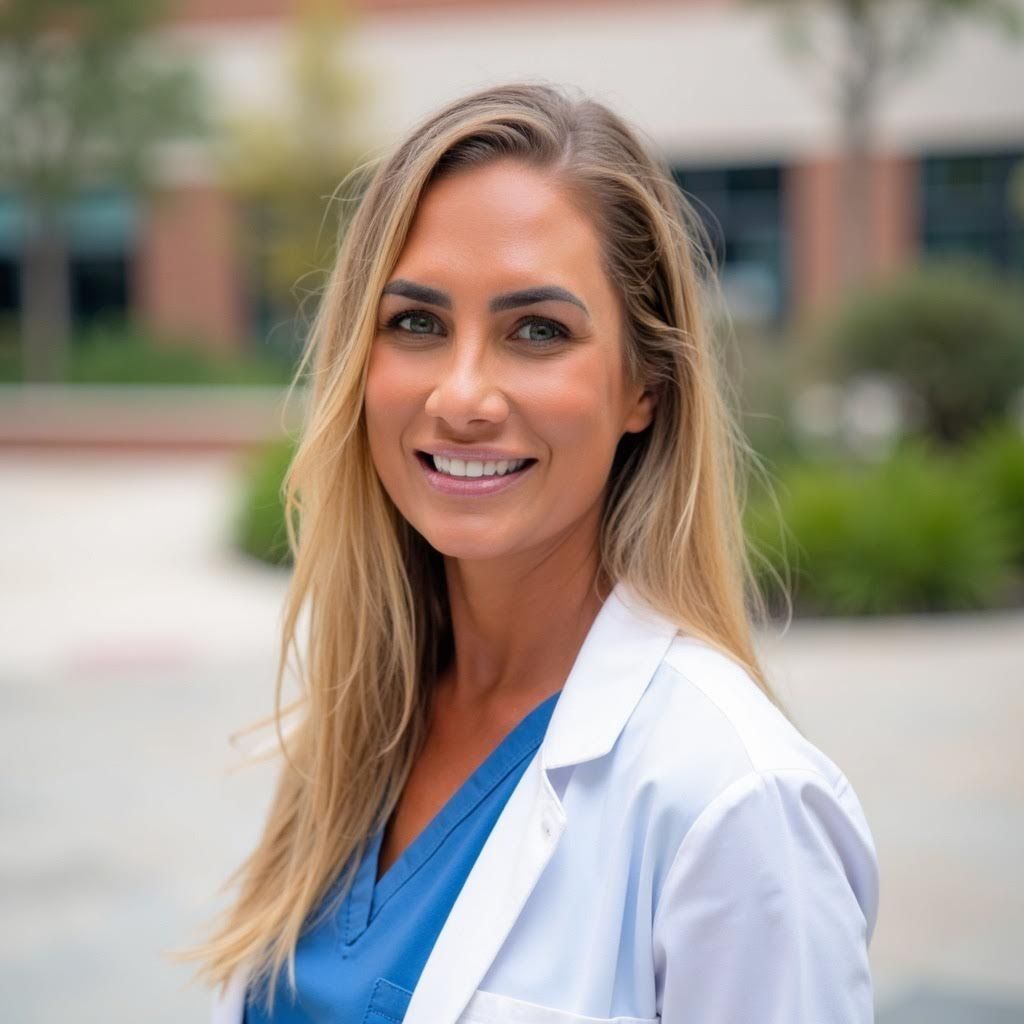 Woman in white coat smiles outdoors, possibly a medical professional.