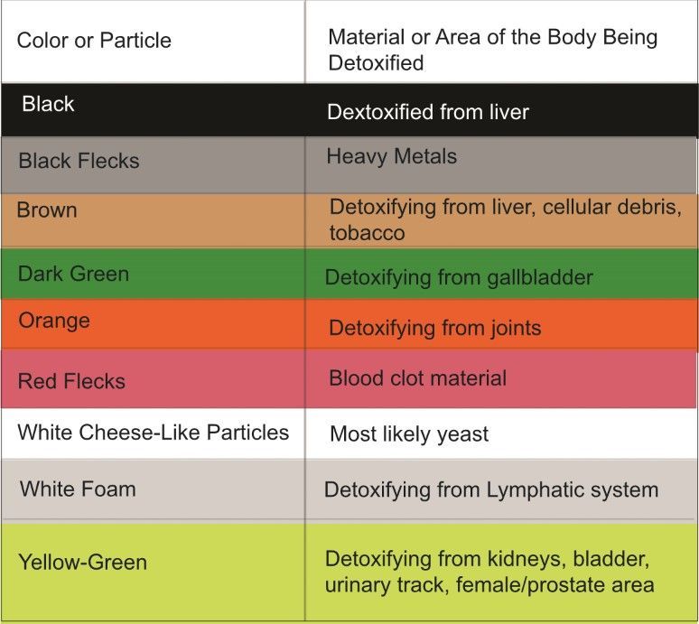 Chart with colors and particles correlated to body areas being detoxified.