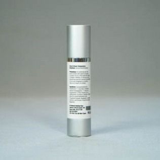 Silver cylindrical skincare product bottle with white label.