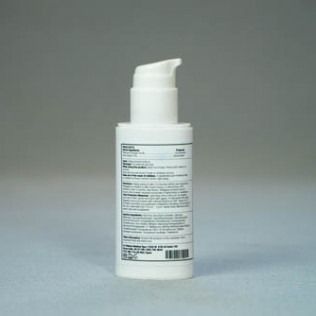 White pump bottle with product details on the label, against a gray background.