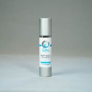Silver pump bottle of Deline Peptide C serum on a neutral surface.