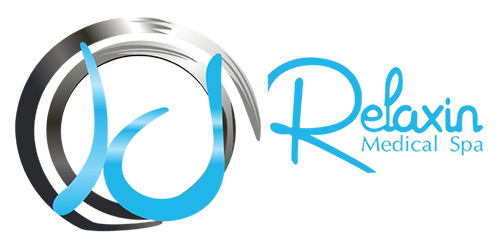 Logo for Relaxin Medical Spa. Features a blue cursive "Relaxin" text and a swirling silver and black graphic.