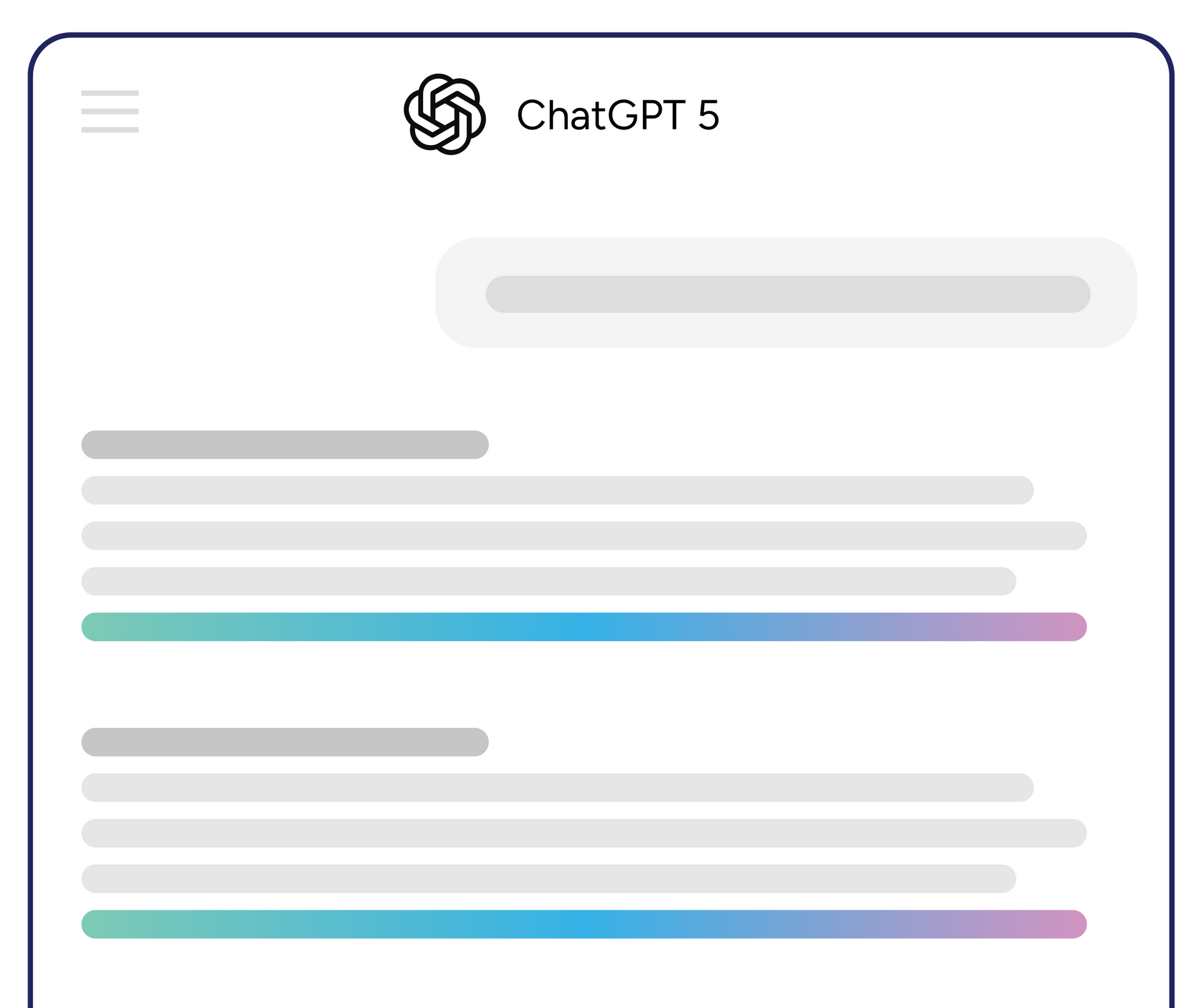 Mockup of a chat interface with a ChatGPT 5 logo, showing text input and response areas.