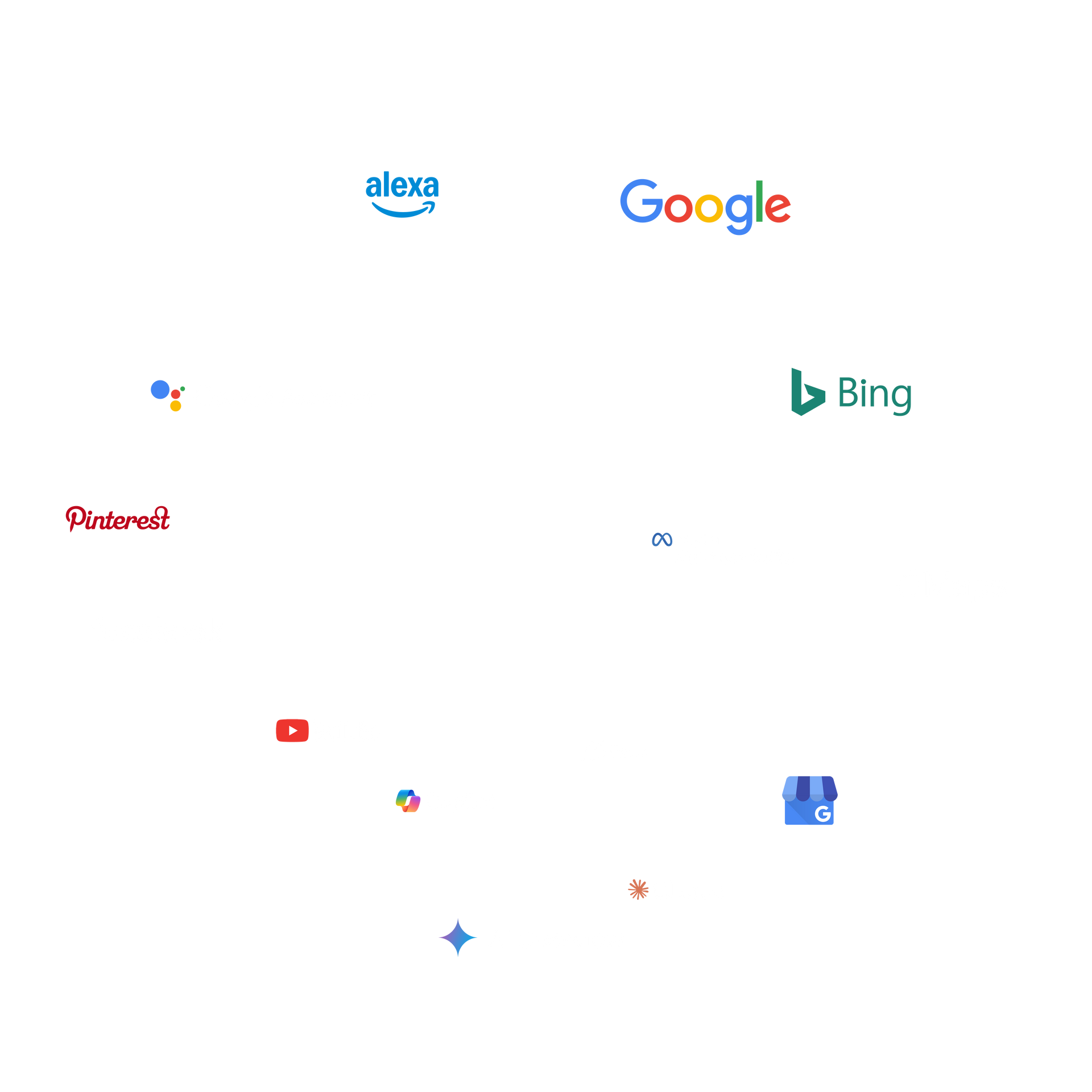 Logos of Alexa, Google, Bing, Pinterest, YouTube, and other digital services on a white background.