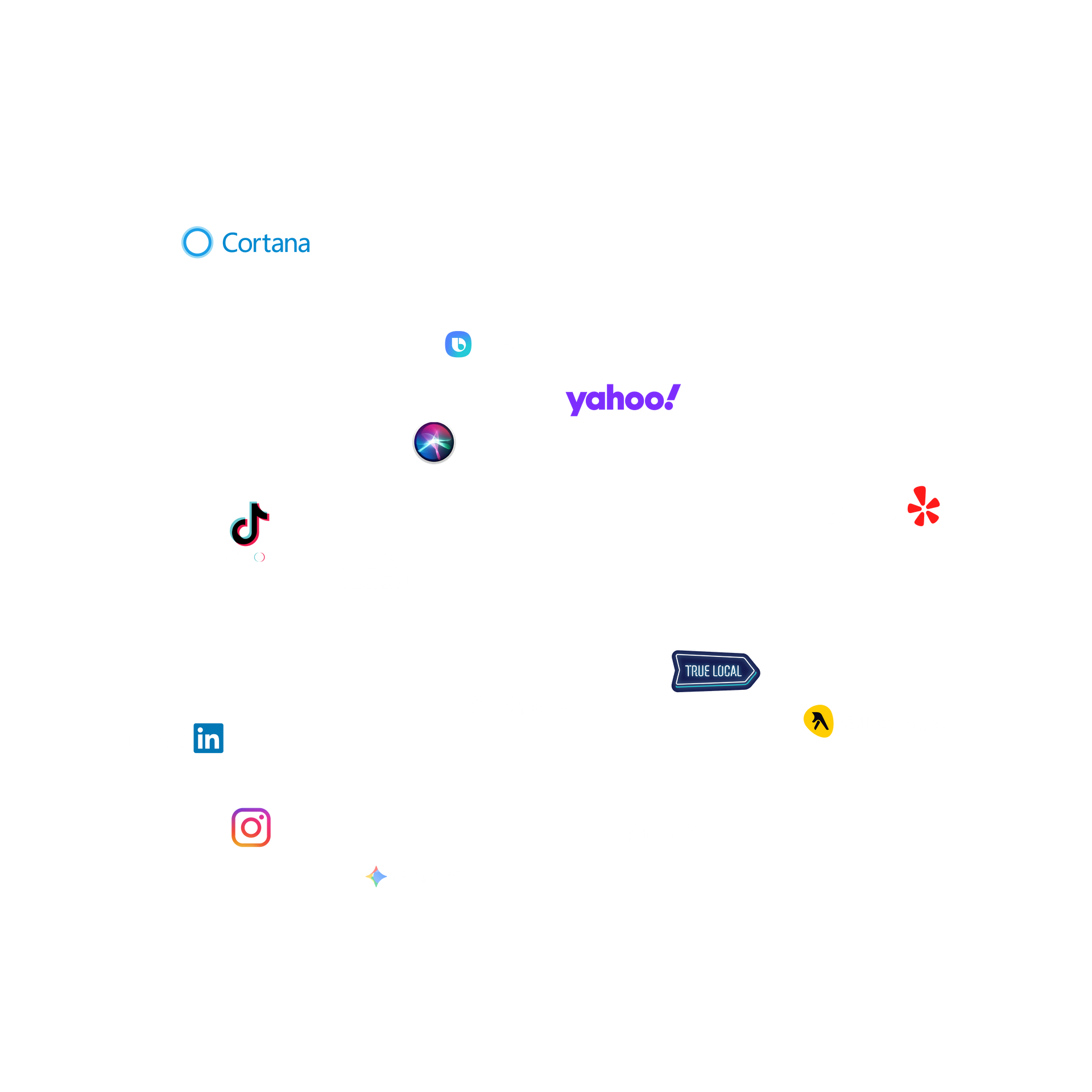 Logos for TikTok, LinkedIn, Instagram, Cortana, Twitch, Siri, Yahoo, Wendy's, and other platforms.