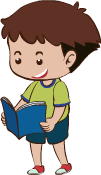 A cartoon boy is reading a book on a white background.