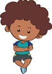 A cartoon boy with curly hair is sitting on the floor with his arms crossed and smiling.