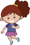 A cartoon girl in a blue shirt and purple skirt is running and smiling.