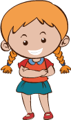 A cartoon girl with pigtails is standing with her arms crossed and smiling.