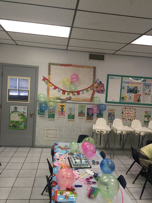 A room with tables and chairs decorated for a birthday party