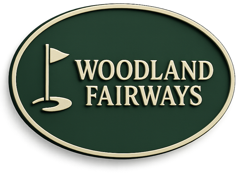Sign for Woodland Fairways golf course, green oval with cream border and text, golf flag icon.