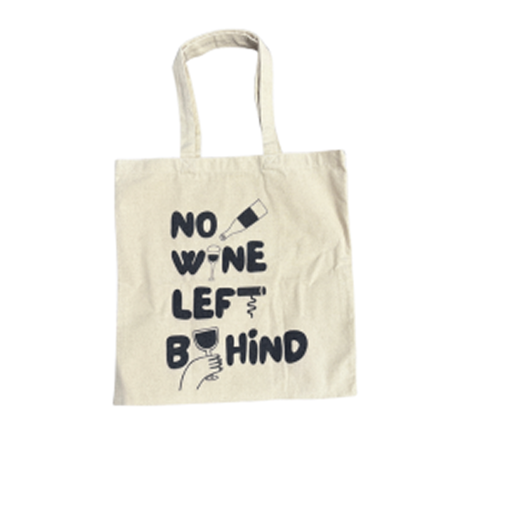 Beige cotton tote bag with No Wine Left Behind logo in black, featuring line drawings of a wine bottle, corkscrew, wine glass, and a hand holding a wine glass