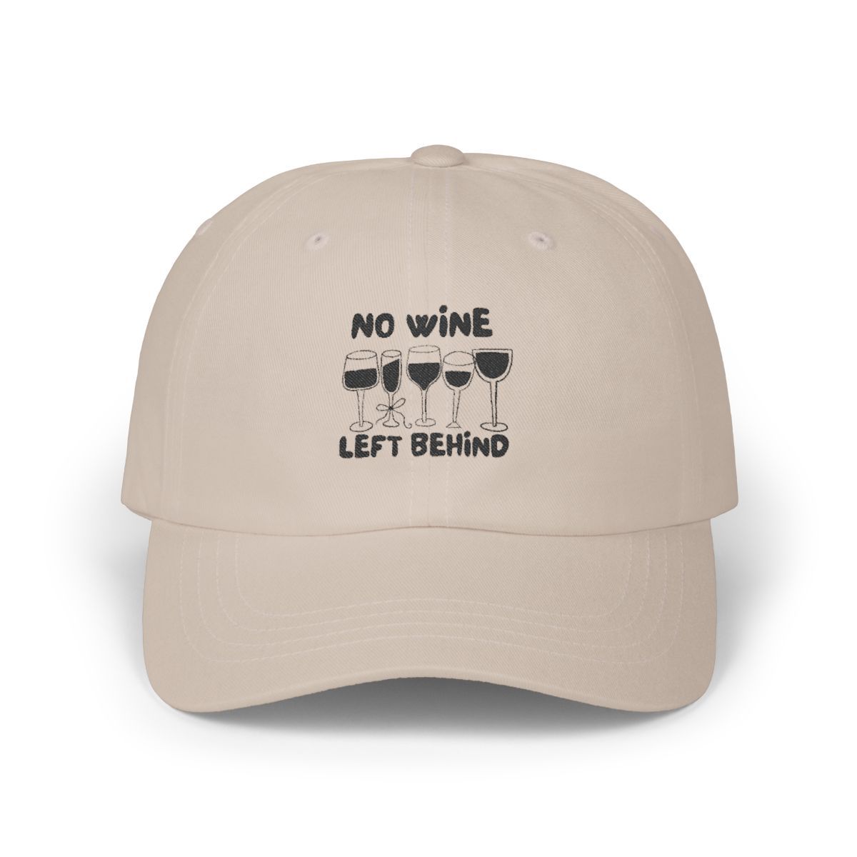Tan dad hat with relaxed fit, featuring No Wine Left Behind in black and five different shaped wine glasses