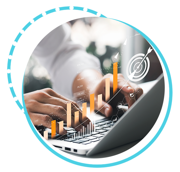 Person typing on a laptop with overlaid bar graphs and a target icon, inside a blue circle.