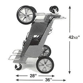 A folded metal utility cart with four wheels; dimensions: 42.5