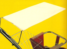 A white sunshade on a red and chrome tricycle, against a yellow background.