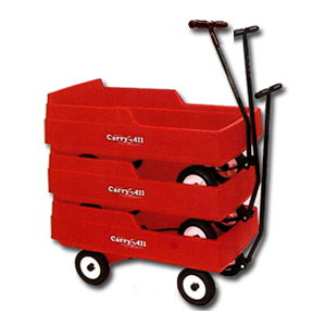 Three red Carry-All wagons stacked, each with handle and white wheels.