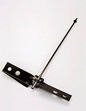 Black metal hinge mechanism with a thin rod attached, against a white background.