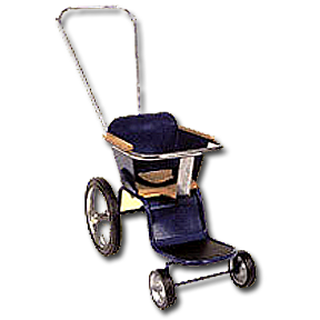 Blue and tan toy stroller with three wheels and a metal handle.