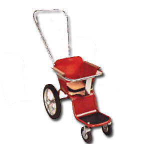 Red child's stroller with a seat, push handle, large rear wheel, and small front wheels.