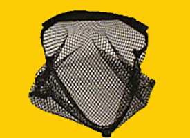 Black mesh laundry bag on a yellow background.