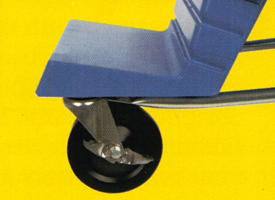 Blue and silver utility cart wheel on yellow surface.