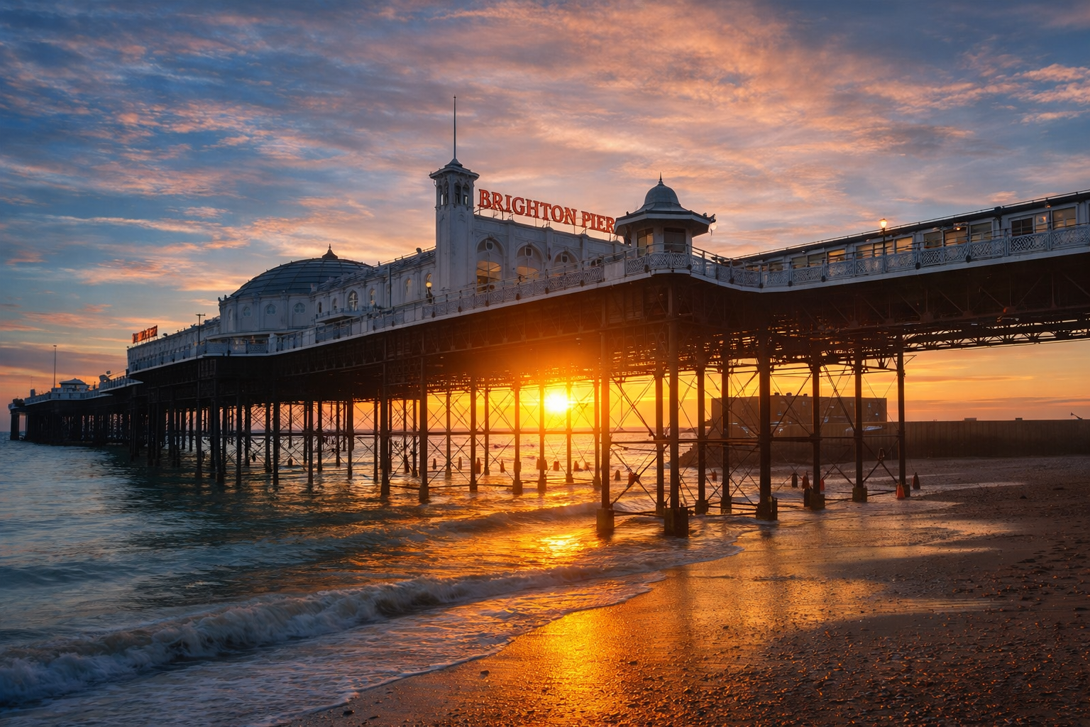 Sunset behind a seaside pier, with warm orange reflections on the water and silhouetted supports