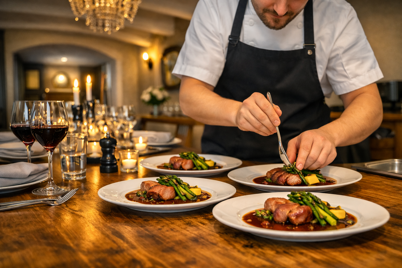 Chef plating gourmet dishes at a warmly lit restaurant table with wine glasses and candles.