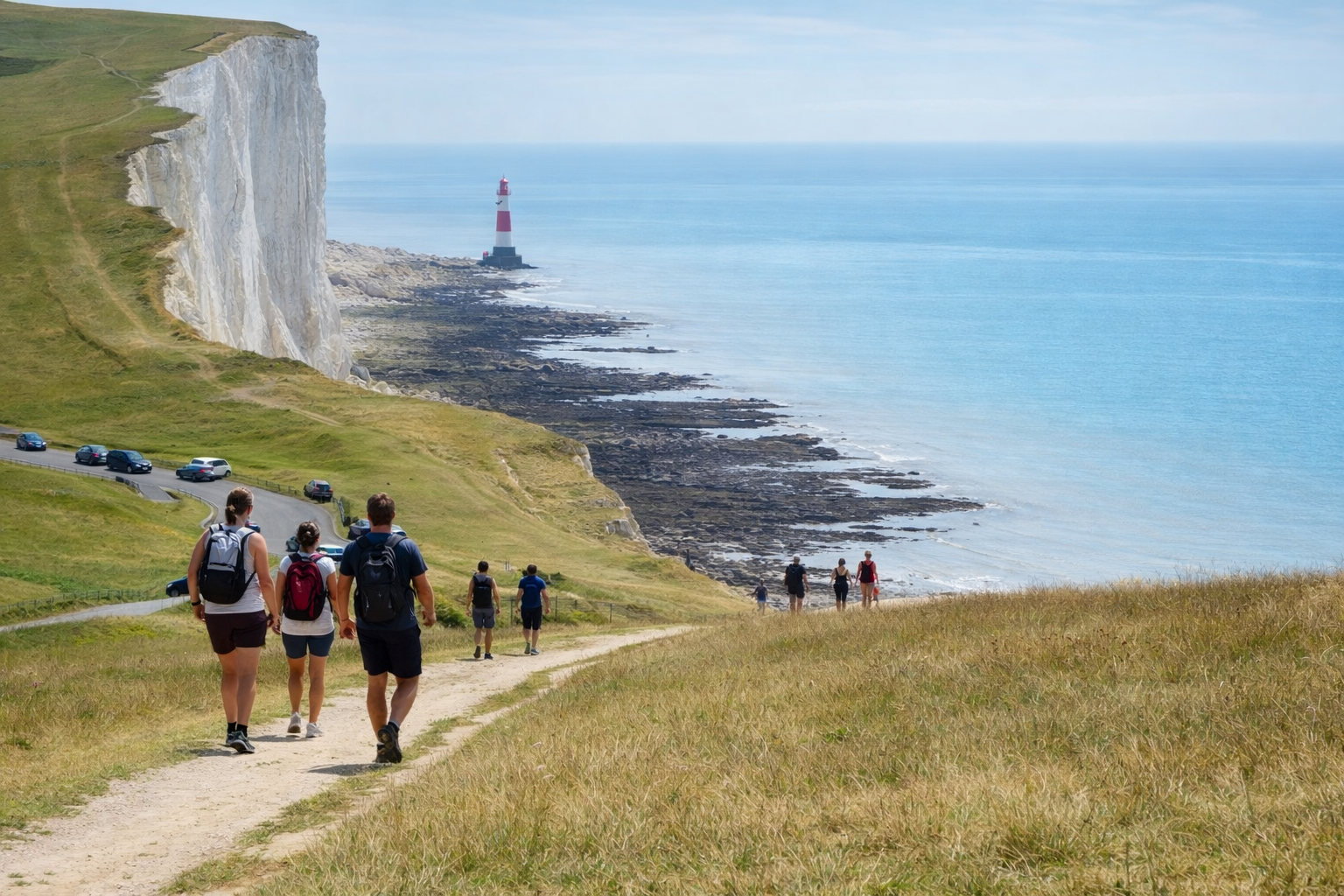 Hikers on a coastal cliff path above a blue sea, with a lighthouse in the distance