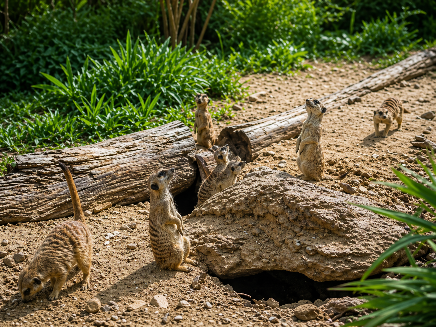 Meerkats standing on a rocky mound by a dirt path with green grass and logs in the background