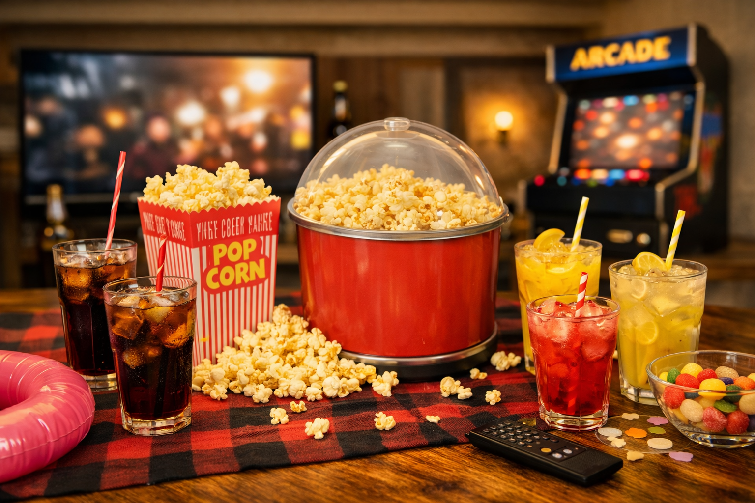 Arcade snack table with popcorn, soda, candies, and a pink inflatable ring