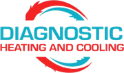 Logo for Diagnostic Heating and Cooling: teal text, red and blue arc design.