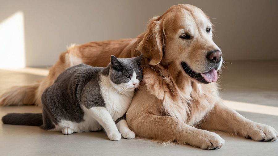 A golden retriever and a gray and white cat are lying next to each other, looking relaxed.
