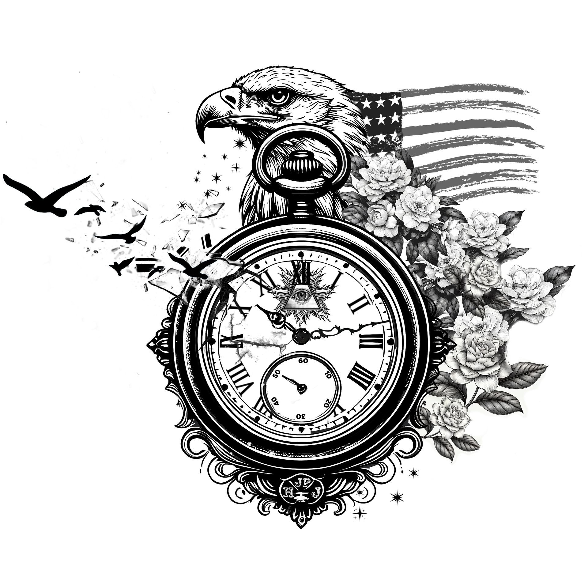 Eagle above a pocket watch with American flag, roses, and birds.
