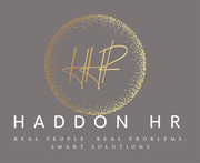 Gold-hued Haddon HR logo on gray background. Circle design with initials, and text