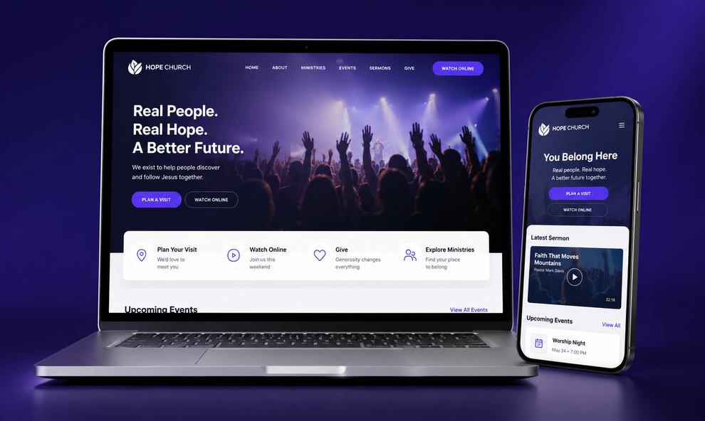 Church website mockup on laptop and mobile giving screen
