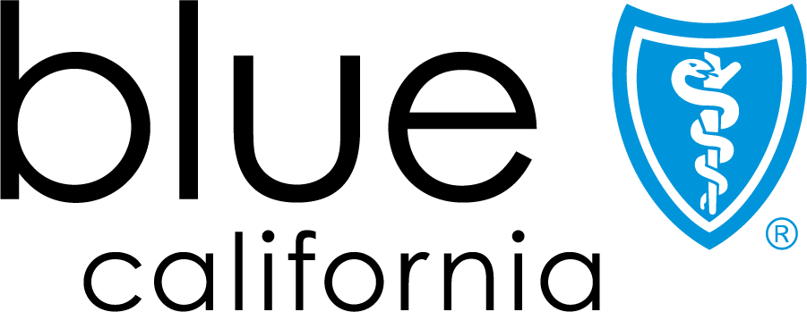 Blue California logo with black text and blue medical shield emblem