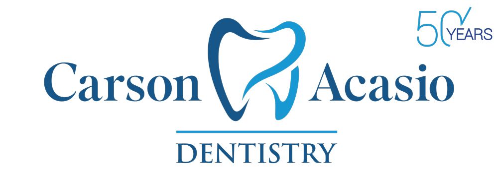 Carson Acasio Dentistry logo with blue tooth icon and “50 years” text