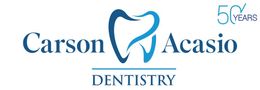 Carson Acasio Dentistry logo with blue tooth icon and “50 years” text