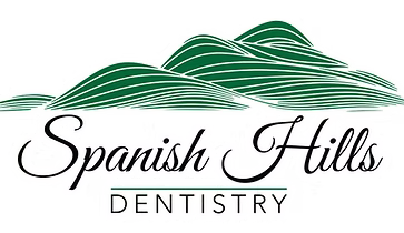 Spanish Hills Dentistry logo with green hills and elegant black text