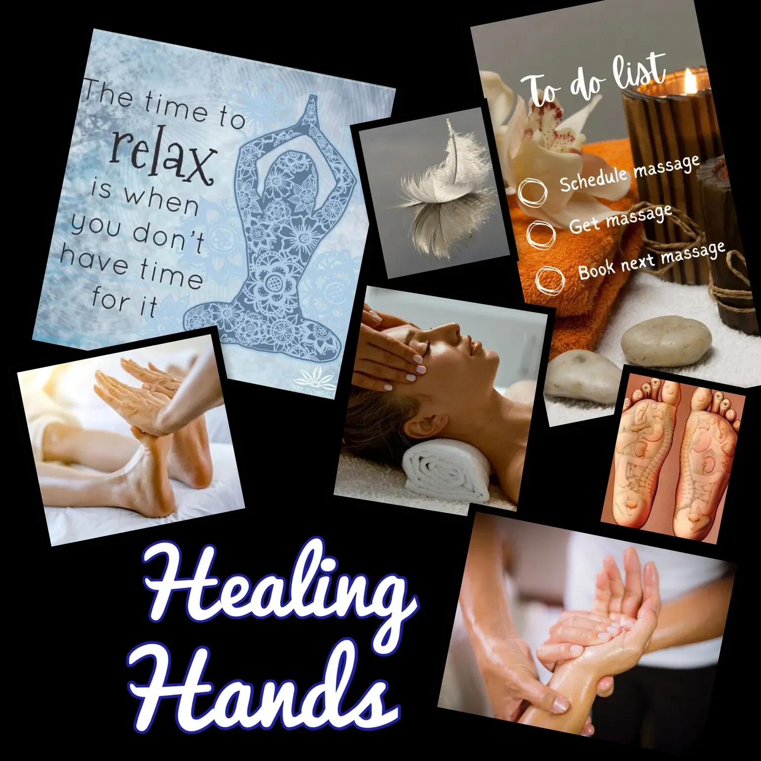 Collage of massage hands with healing quotes, featuring blue and orange tones on a black background