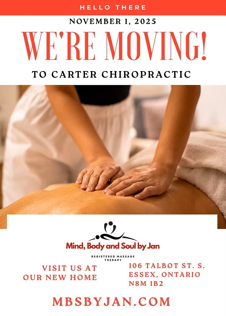 November 2023 moving announcement to Carter Chiropractic with a massage scene and practice contact details