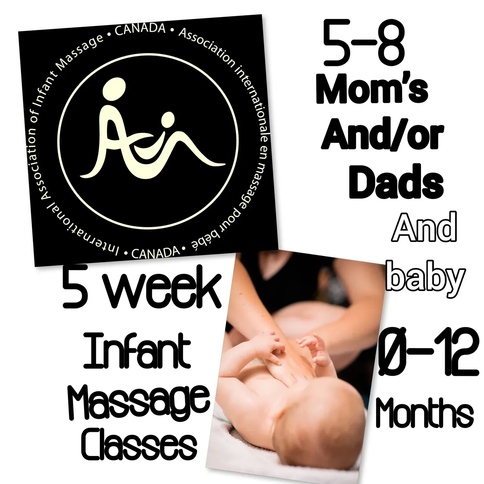 Infant massage classes ad with baby photo and ages 5 weeks to 12 months
