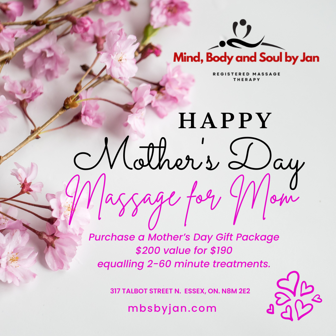Mother’s Day massage gift package promo with pink blossoms and “Happy Mother’s Day” text