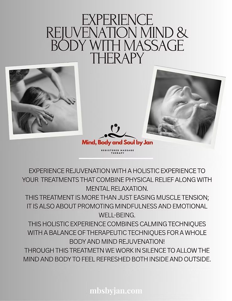 Massage therapy promo with two black-and-white hands-on-back photos and wellness text on a light background