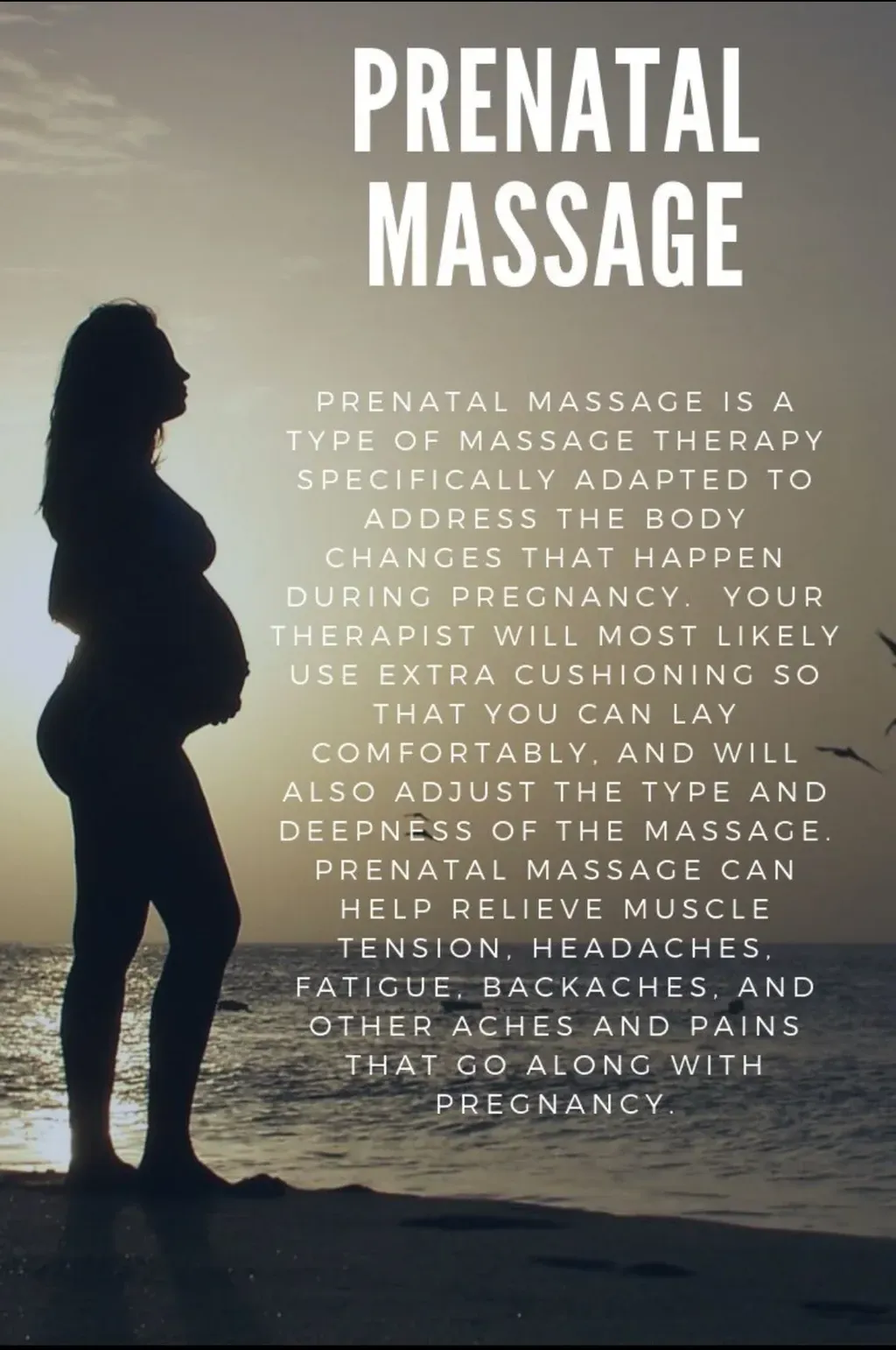 Silhouette of a pregnant woman at sunset beside text about prenatal massage therapy and its benefits