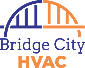 The bridge city hvac logo is blue and orange with a bridge in the middle.